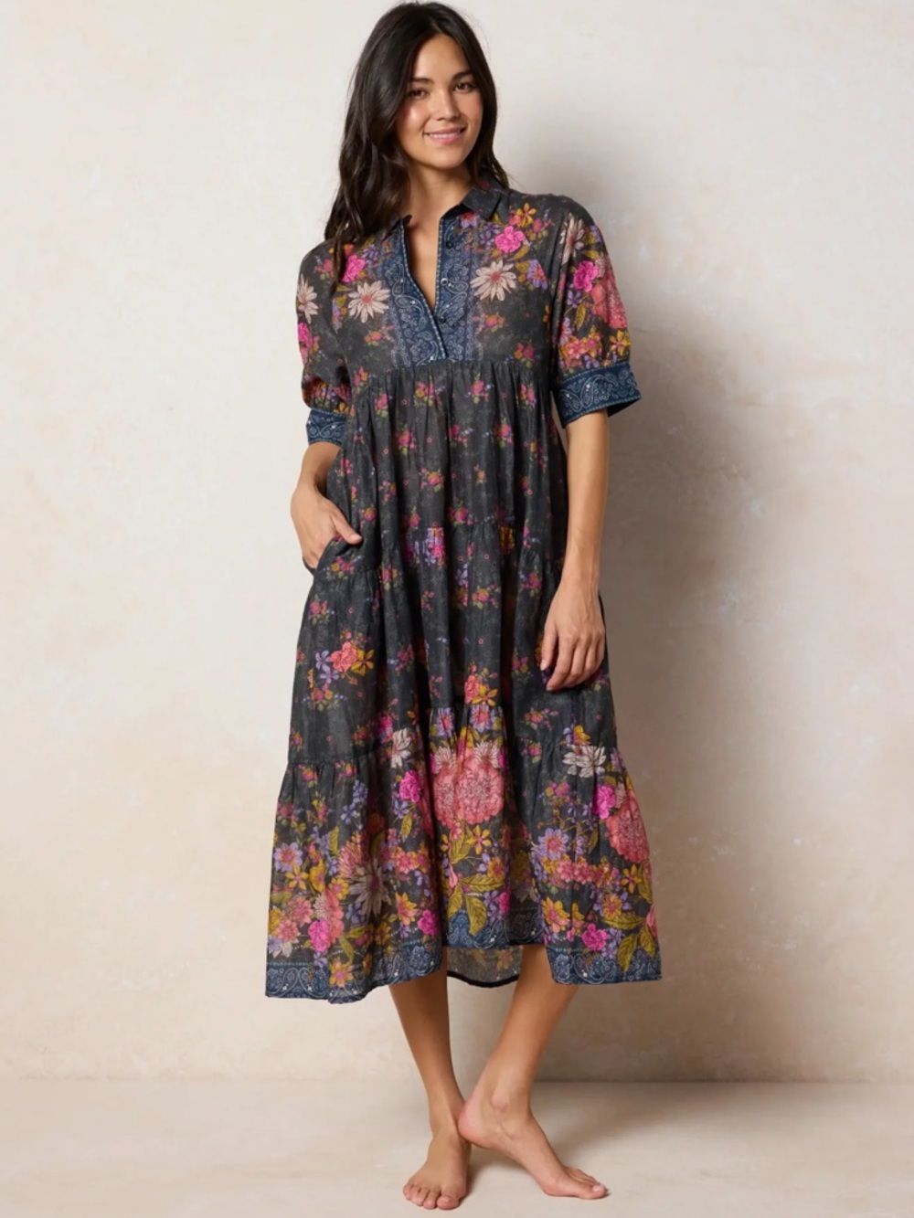 Floral Midi Dress with Notch Neck - Charcoal Multi